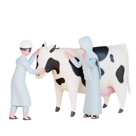 Muslime kümmern sich um Kühe  3D Illustration