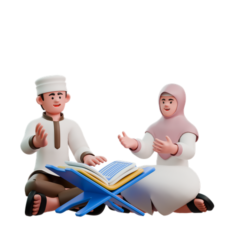 Muslime lesen sich am Fest des Fastenbrechens gegenseitig den Koran vor.  3D Illustration