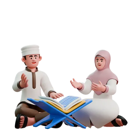 Muslime lesen sich am Fest des Fastenbrechens gegenseitig den Koran vor.  3D Illustration