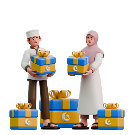 Muslime schenken sich am Eid Fitr gegenseitig Pakete  3D Illustration