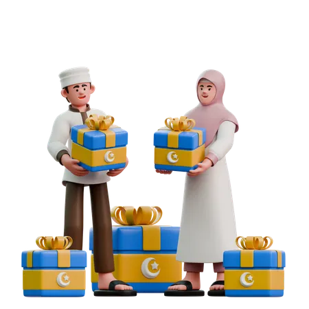 Muslime schenken sich am Eid Fitr gegenseitig Pakete  3D Illustration