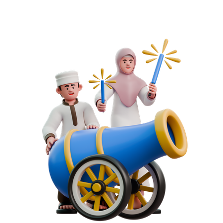 Muslime spielen am Eid Fitr mit Feuerwerk  3D Illustration