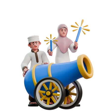 Muslime spielen am Eid Fitr mit Feuerwerk  3D Illustration