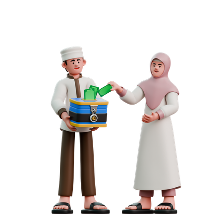 Muslime werfen am Eid Fitr Geld in eine Spendenbox  3D Illustration