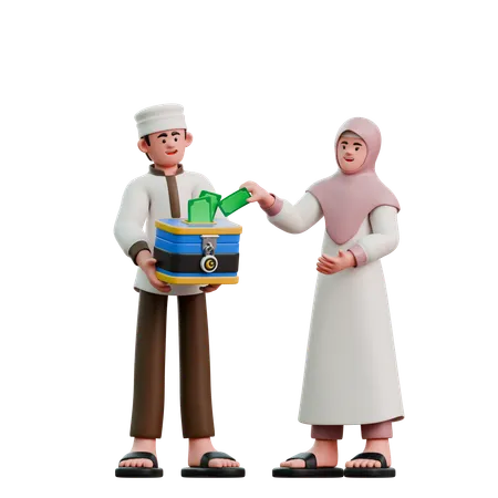 Muslime werfen am Eid Fitr Geld in eine Spendenbox  3D Illustration