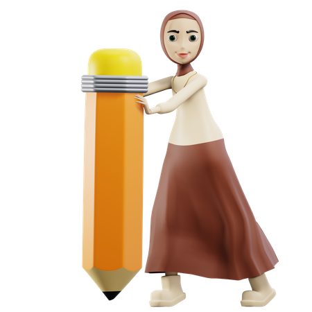 Muslimische Dame mit großem Stift  3D Illustration
