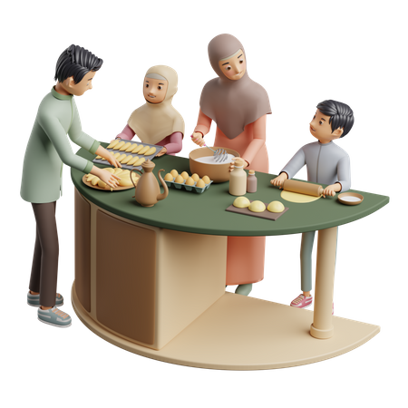 Muslimische Familie backt zu Hause Kuchen  3D Illustration