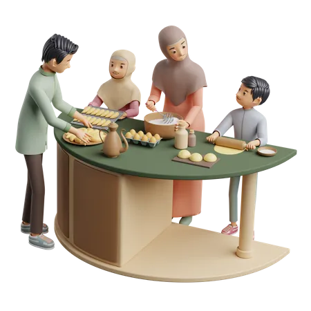 Muslimische Familie backt zu Hause Kuchen  3D Illustration