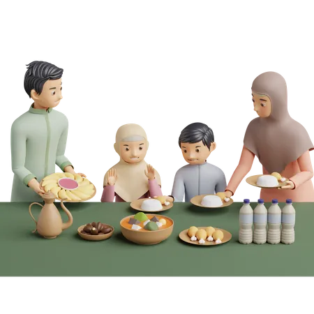 Muslimische Familie bereitet Essen vor  3D Illustration