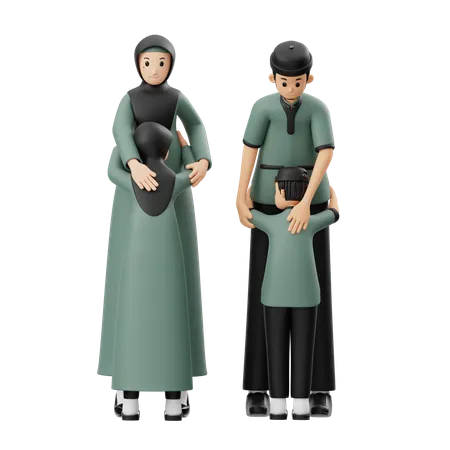 Muslimische Familie umarmt am Eid-Tag  3D Illustration