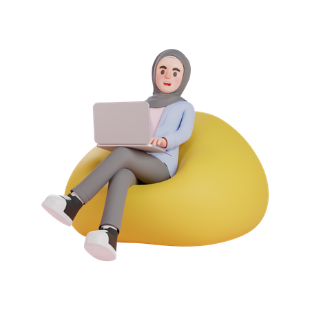 Muslimische Frau mit Laptop auf Sitzsack  3D Illustration