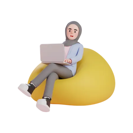Muslimische Frau mit Laptop auf Sitzsack  3D Illustration