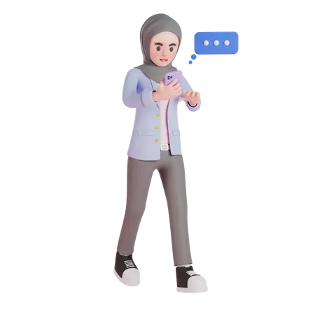 Muslimische Frau geht spazieren und chattet mit Smartphone  3D Illustration