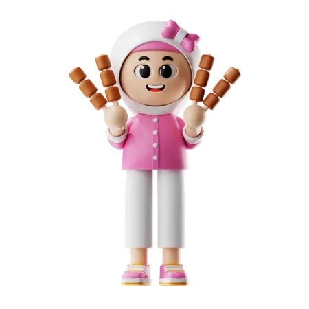 Muslimische Frau mit Hähnchensteak  3D Illustration