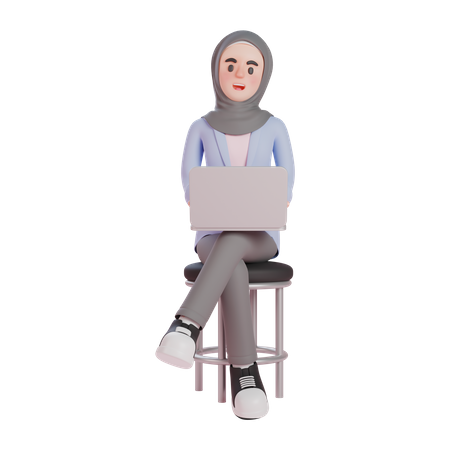 Muslimische Frau sitzt und arbeitet am Laptop  3D Illustration