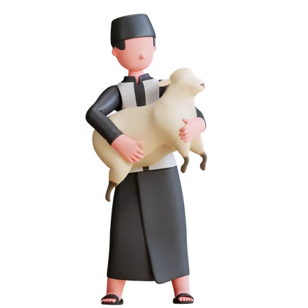 Muslimischer Mann hält Schafe  3D Illustration