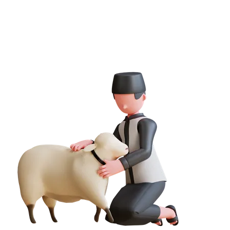 Muslimischer Mann kümmert sich um Schafe  3D Illustration