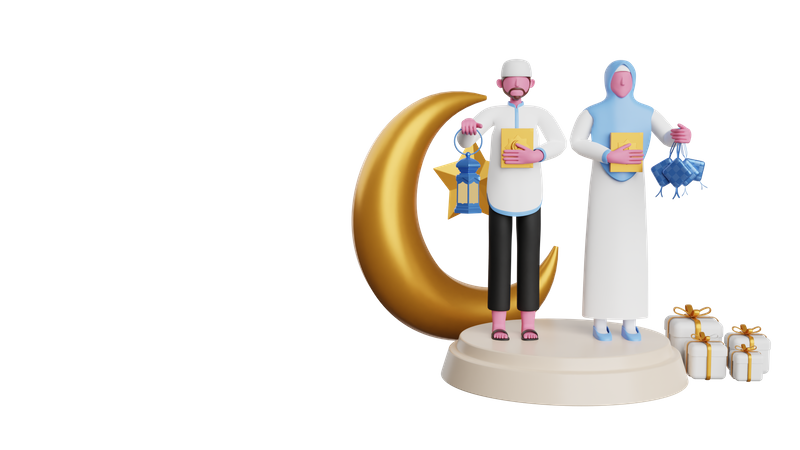 Muslimischer Mann und Frau geben Ramadan-Geschenke  3D Illustration