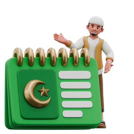 Muslimischer Mann zeigt auf Kalender  3D Illustration