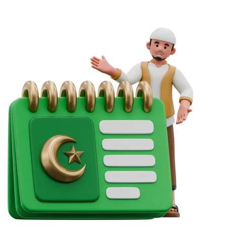 Muslimischer Mann zeigt auf Kalender  3D Illustration