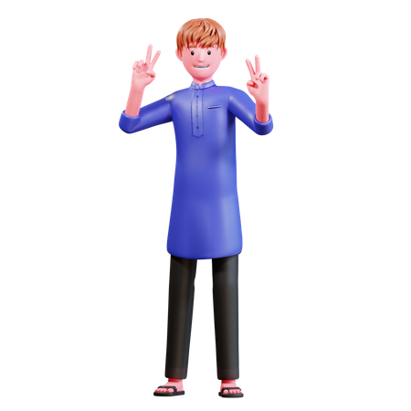 Muslimischer Mann zeigt Victory-Zeichen  3D Illustration