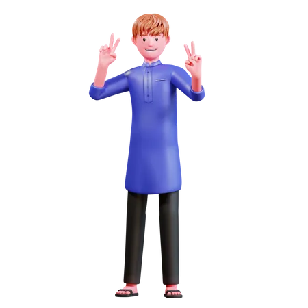 Muslimischer Mann zeigt Victory-Zeichen  3D Illustration