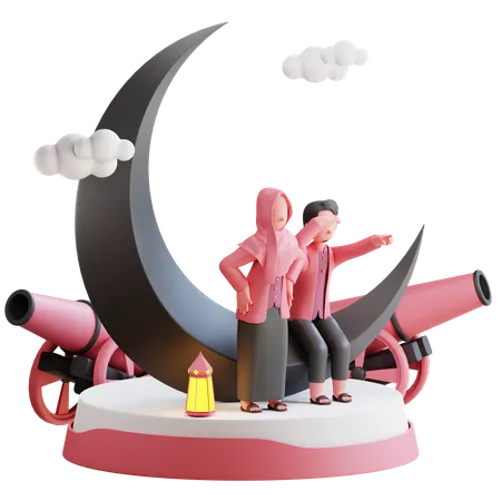 Muslimisches Paar auf Kanone  3D Illustration