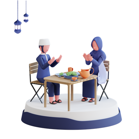 Muslimisches Paar betet vor dem Iftar  3D Illustration