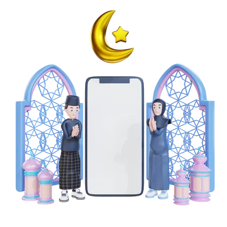 Muslimisches Paar steht mit leerem Handy-Bildschirm  3D Illustration