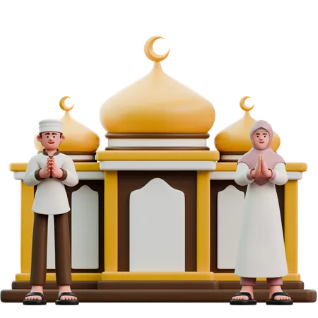 Muslims on Eid Fitr in front of the mosque  3D Illustration