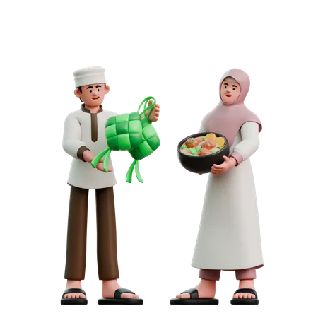 Muslims on Eid Fitr share food  3D Illustration