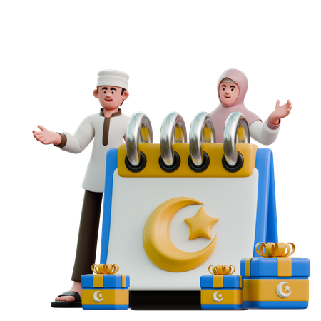 Muslims on Eid Fitr with Eid calendar  3D Illustration