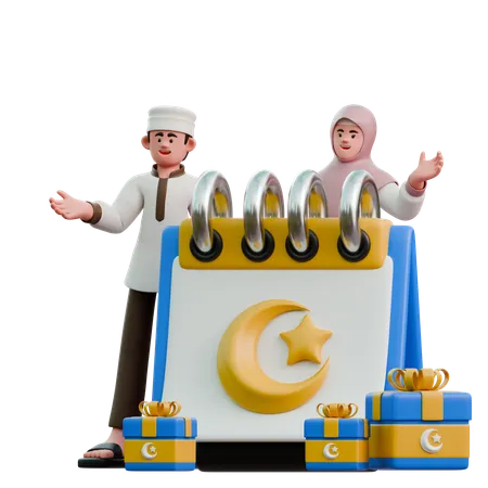 Muslims on Eid Fitr with Eid calendar  3D Illustration