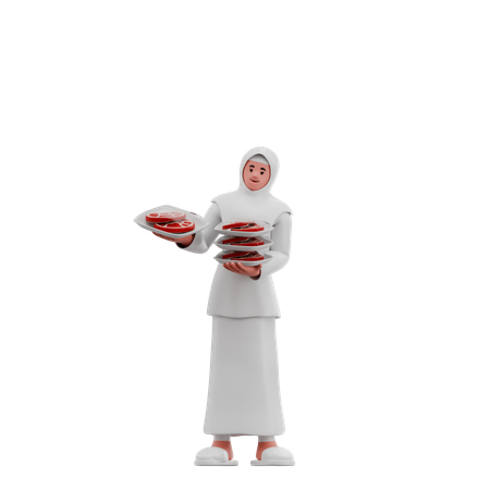 Muslims Woman Distribute Hygienic Sacrificial Meat  3D Icon