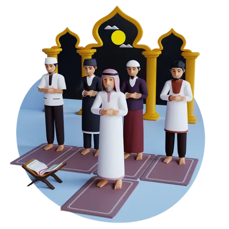 Musulmanes haciendo oración en la mezquita  3D Illustration