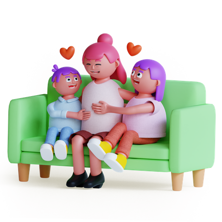 Mutter mit Kindern sitzt auf dem Sofa  3D Illustration