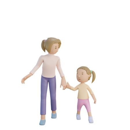 Mutter und Tochter gehen zusammen spazieren  3D Illustration