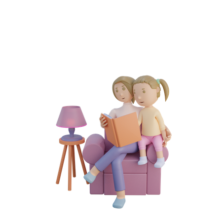 Mutter und Tochter lesen gemeinsam Buch  3D Illustration