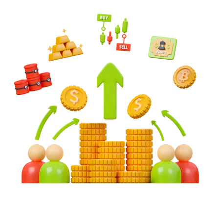 Mutual Fund 3 D Icon People Icons With Stack Of Dollar Coin Arrow Oil Can Gold Ingots Candle Stick Graph Of Stock Market Government Bond And Bitcoin 3D Icon