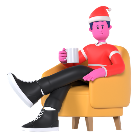 Menino de Natal bebendo chocolate quente no sofá  3D Illustration