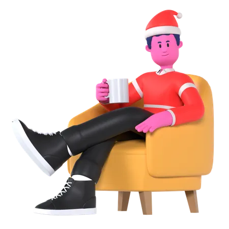 Menino de Natal bebendo chocolate quente no sofá  3D Illustration