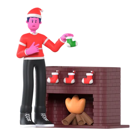 Menino de Natal colocando meias na lareira  3D Illustration