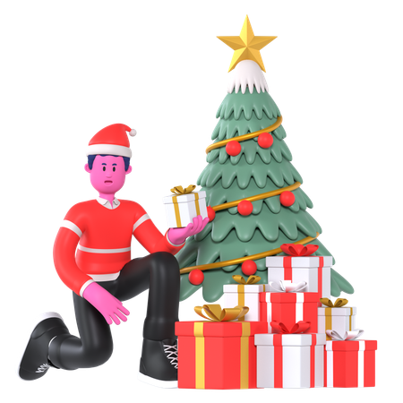 Menino de Natal decorando árvore de Natal  3D Illustration