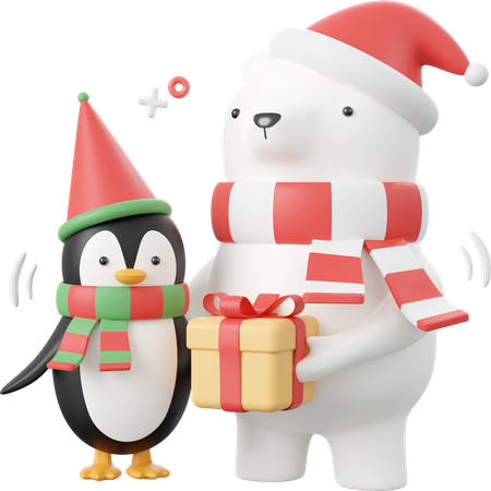 Pinguim e urso de natal  3D Icon