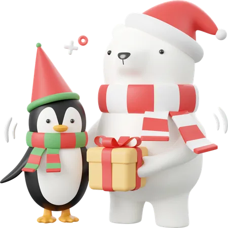 Pinguim e urso de natal  3D Icon