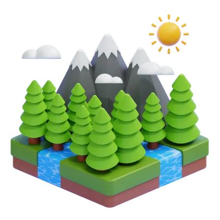 Nature Landscape With Pine Trees And Mountains  3D Icon