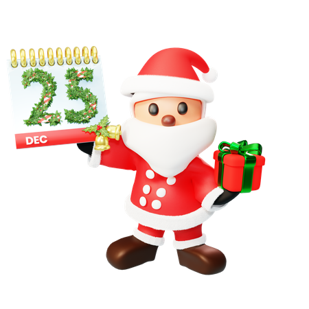 Papá Noel navideño con calendario y regalo.  3D Illustration