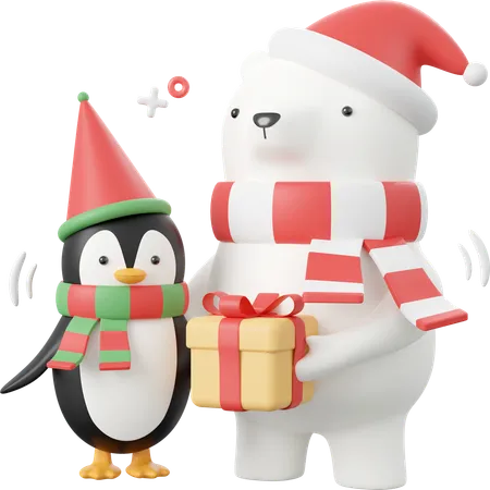Lindo Pinguino Y Oso Con Gorro De Papa Noel Sosteniendo Caja De Regalo De Navidad Elementos Tematicos De Navidad Ilustracion 3 D 3D Icon