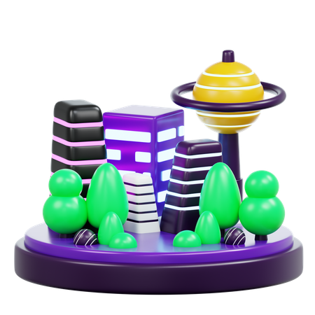 Neonlit Cityscape And Futuristic Landscape  3D Icon