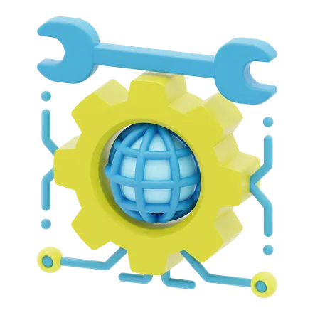 Network Configuration 3 D Icon Represented By Globe Wrench And Gears 3D Icon